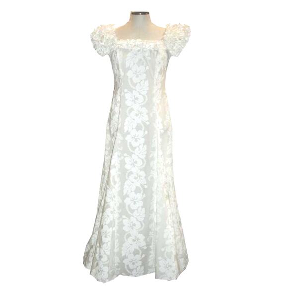 Vintage 80s Hawaiian XL Off the Shoulder Maxi Dress Floral Wedding Ivory White - Picture 1 of 9